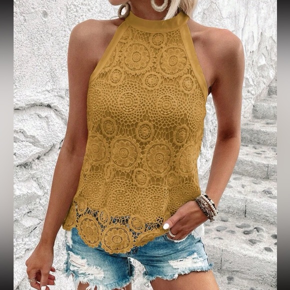 Boho Floral Sheer Mesh Lace High Mock Halter Neck Top Blouse Shirt Mustard - Picture 5 of 12